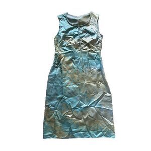 Jill Stuart Dress Silk Tan Turquoise Blue Shift Sleeveless Romantic Size 10